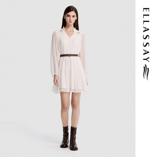 ELLASSAY歌力思2026春夏新款100%桑蚕丝刺绣连衣裙女EWB371Y05900