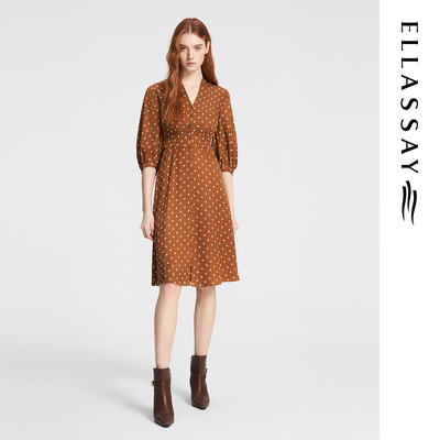 ELLASSAY歌力思秋季新款100%桑蚕丝优雅茶歇连衣裙女EWE353Y01700