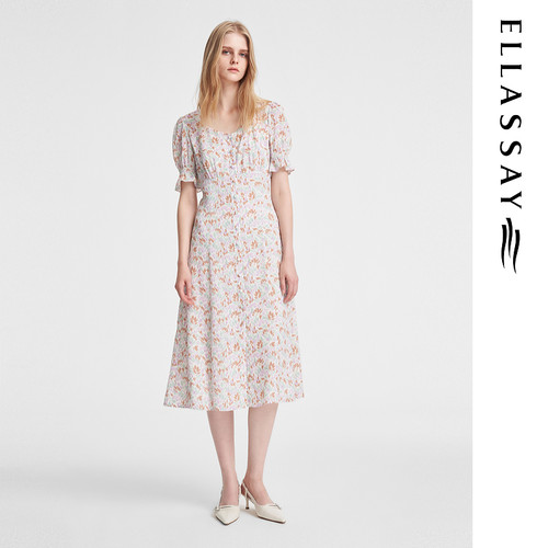 ELLASSAY歌力思春季新款法式中长款碎花连衣裙女EWE351Y07100
