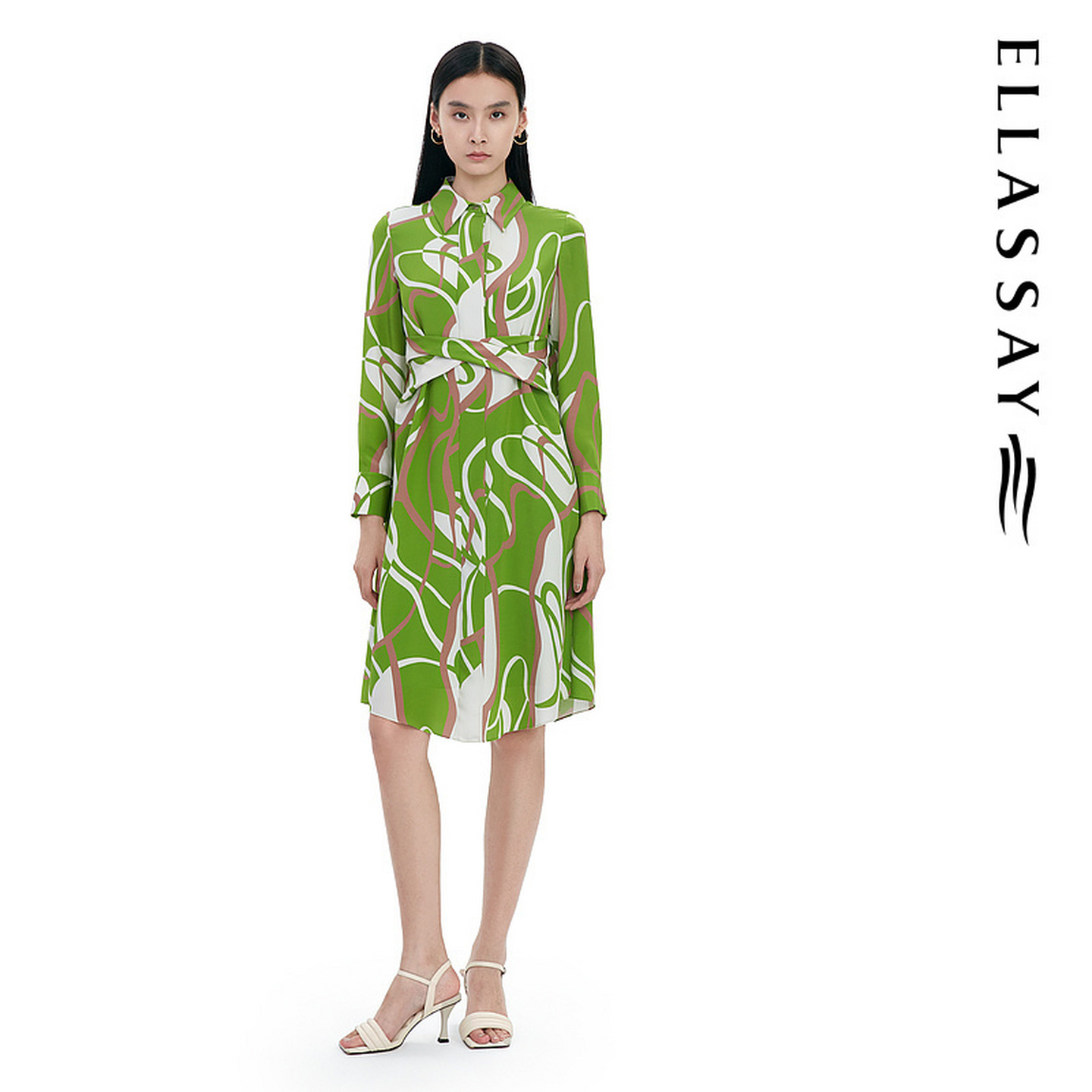 ELLASSAY歌力思春季新款光影年轮真丝收腰连衣裙女EWF331Y13200