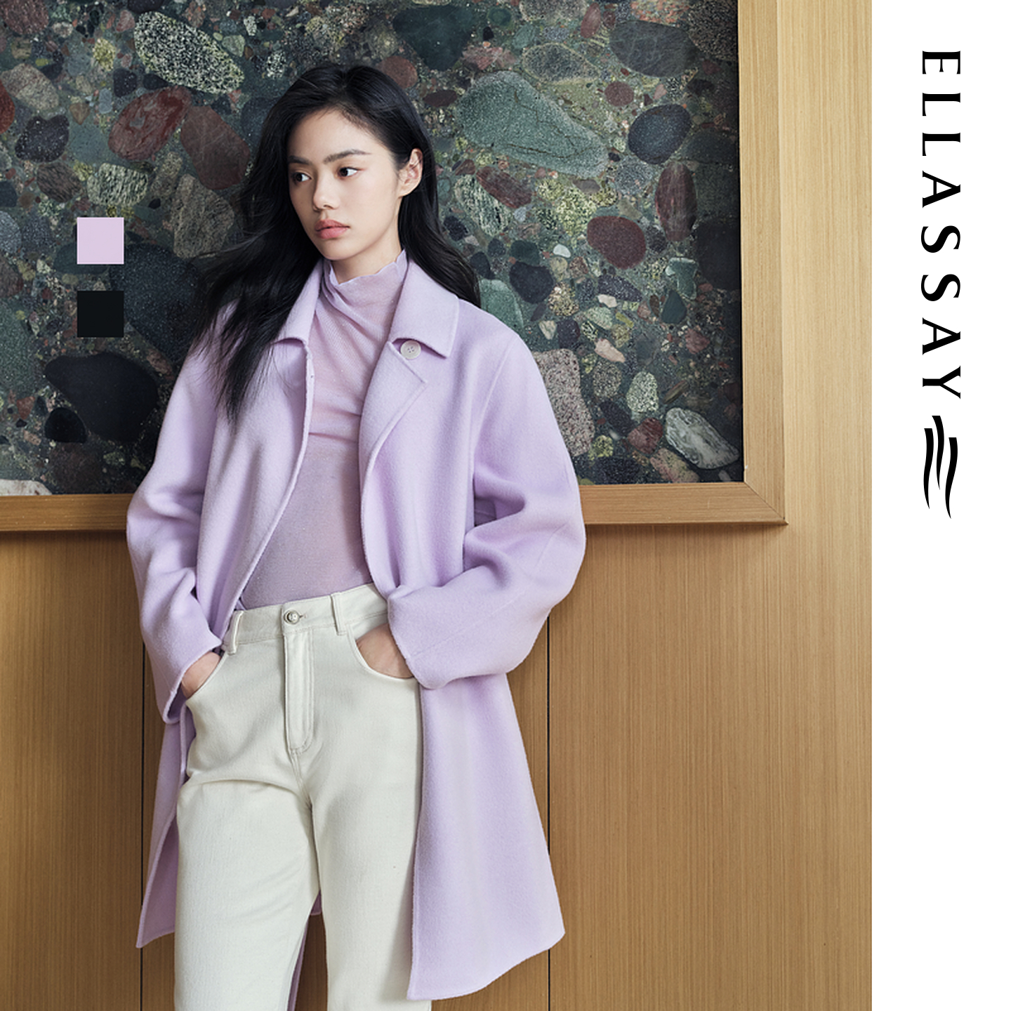 ELLASSAY歌力思秋冬新款绵羊毛温柔气质斜襟毛呢大衣EWD354D00700