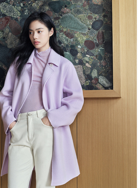 ELLASSAY歌力思秋冬新款绵羊毛温柔气质斜襟毛呢大衣EWD354D00700