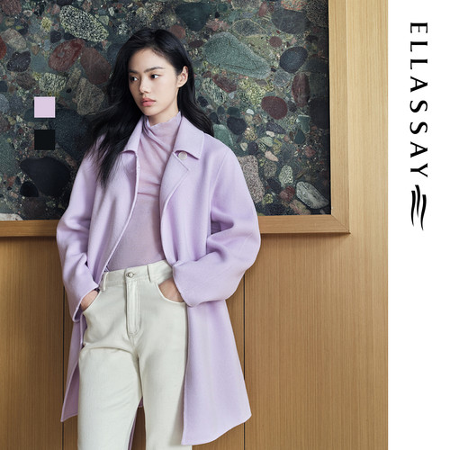 ELLASSAY歌力思秋冬新款绵羊毛温柔气质斜襟毛呢大衣EWD354D00700