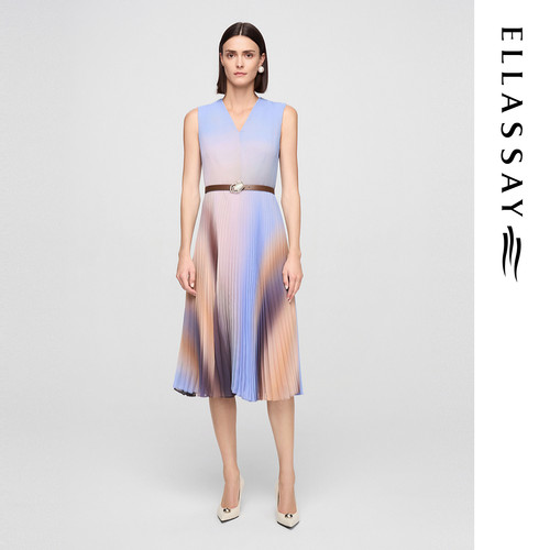 ELLASSAY歌力思春夏新款浪漫晕染收腰无袖连衣裙女EWF362Y03400