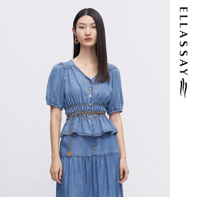 ELLASSAY歌力思夏季新款100%莱赛尔泡泡袖牛仔衬衫女EWW342N03200