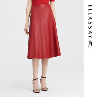 ELLASSAY歌力思秋季 绵羊皮革拼接下摆半身裙女EWF343X00300 新款