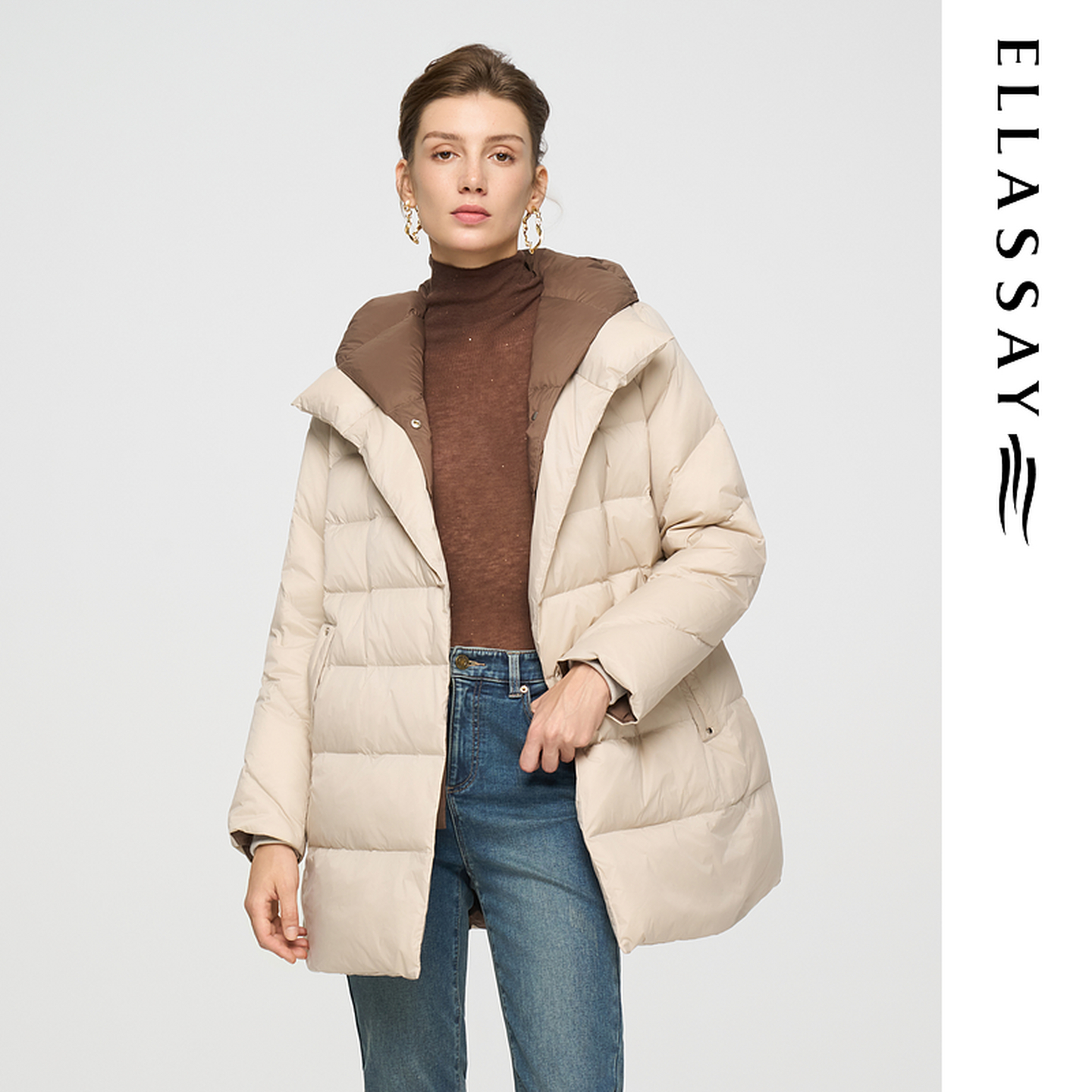ELLASSAY歌力思2025冬季新款连帽双层领鹅绒羽绒服女EWD363L04500