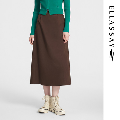ELLASSAY歌力思秋季新款复古深咖色高腰A字半身裙女EWW353Q00900