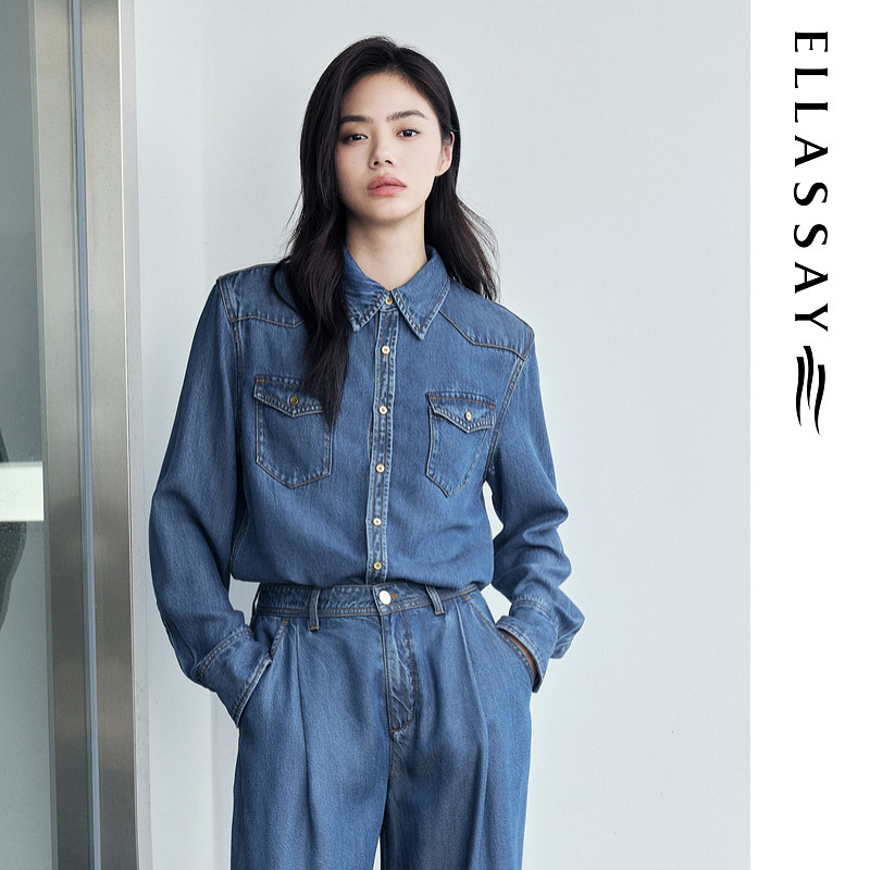 ELLASSAY歌力思秋季新款100%莱赛尔牛仔衬衫女EWD353N01600