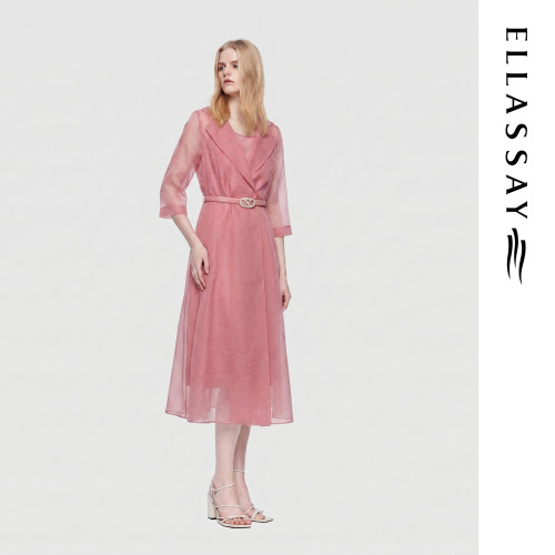 ELLASSAY歌力思夏季新款飘逸羽翼袖收腰翻领连衣裙女EWF352Y14600