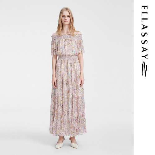 ELLASSAY歌力思夏季新款桑蚕丝一字肩百搭连衣裙女EWE351Y09700
