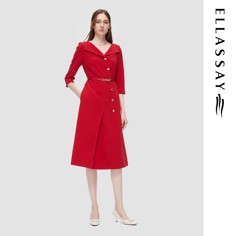 ELLASSAY歌力思早秋新款三醋酸收腰压褶气质连衣裙女EWF346Y00800