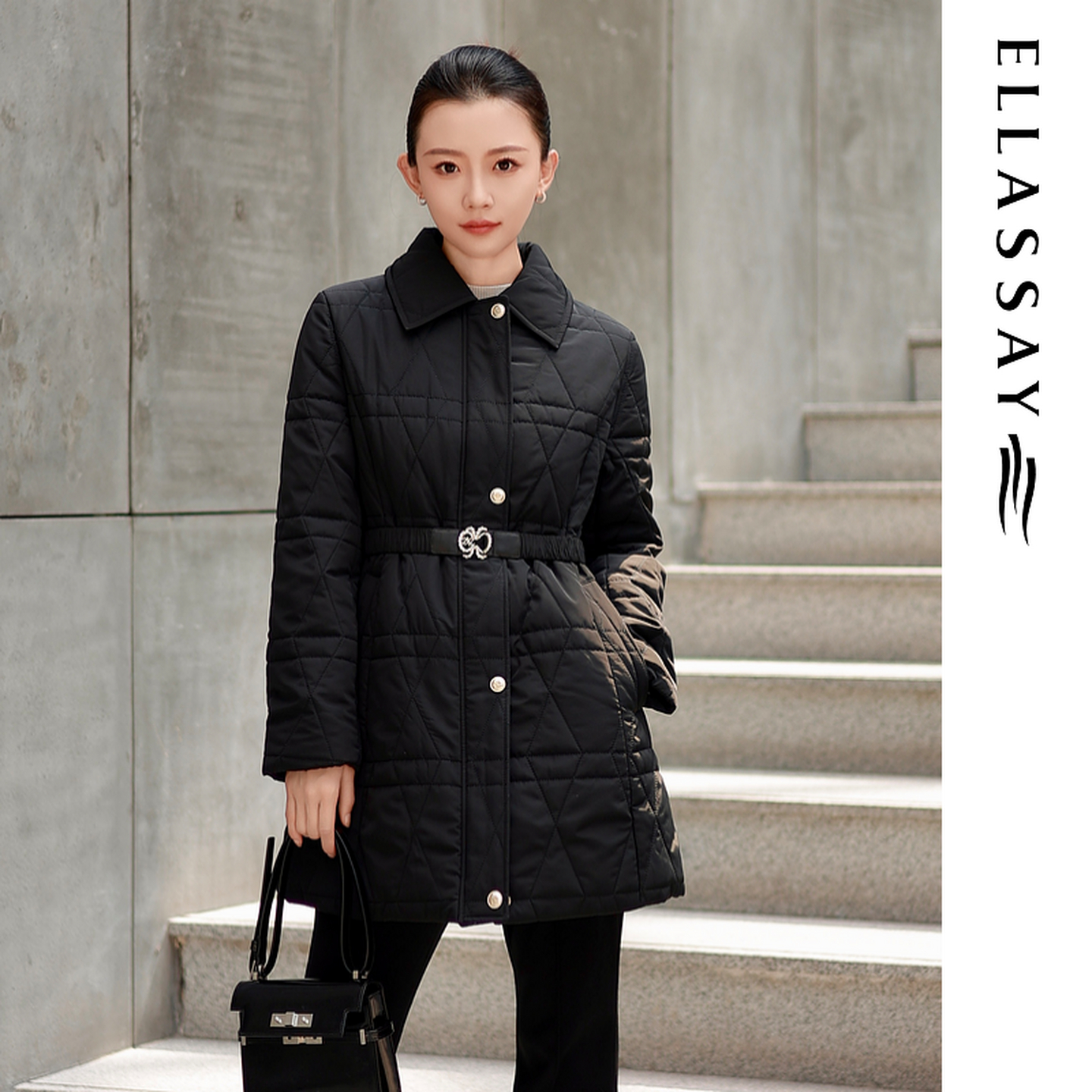 ELLASSAY歌力思冬季新款小翻领收腰中长鹅绒羽绒服女EWE354L01000