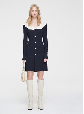 ELLASSAY歌力思春季新款赫本风优雅撞色针织连衣裙女EWW351M00300