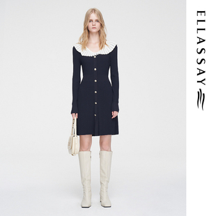ELLASSAY歌力思春季 赫本风优雅撞色针织连衣裙女EWW351M00300 新款