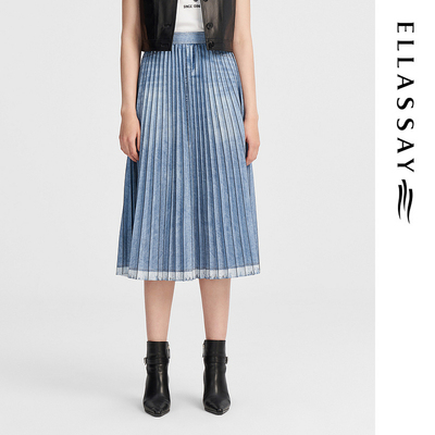 ELLASSAY歌力思秋季新款复古压褶休闲牛仔半身裙女EWW343Q00400