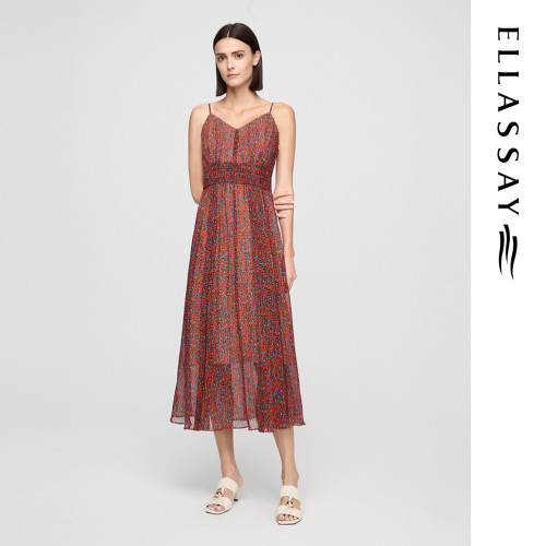ELLASSAY歌力思春夏新款桑蚕丝优雅碎花吊带连衣裙女EWE362Y07500