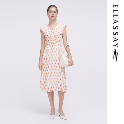ELLASSAY歌力思春夏新款桑蚕丝优雅无袖V领连衣裙女EWF341Y08900