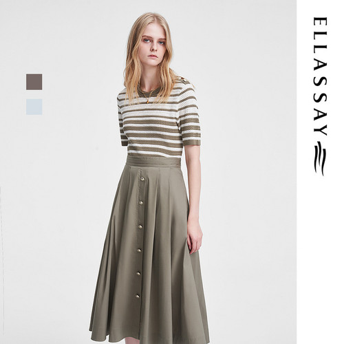 ELLASSAY歌力思春季新款条纹肩部扣饰针织衫女EWW351M08400