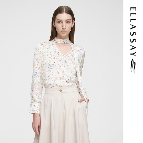 ELLASSAY歌力思春季新款100%桑蚕丝法式印花衬衫女EWE351C01900