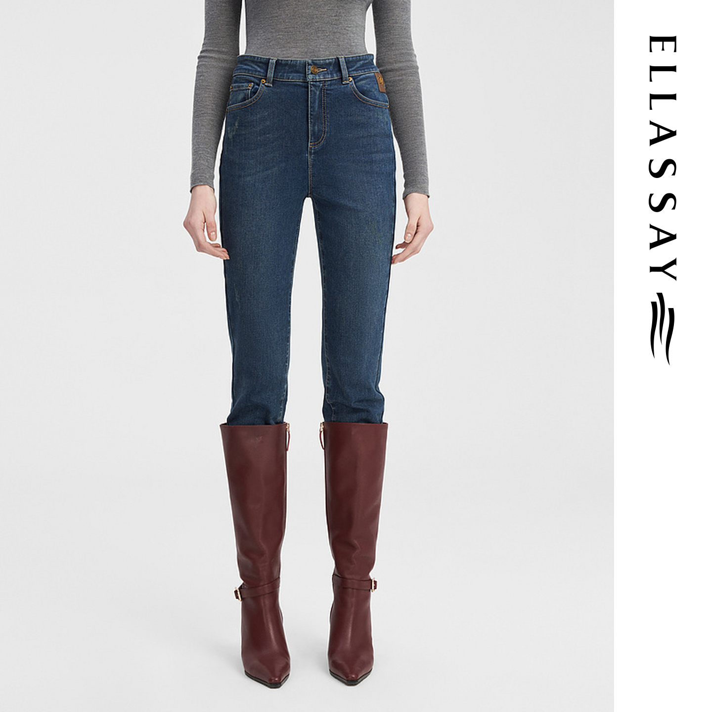 ELLASSAY歌力思秋冬新款高腰简约直筒羊绒牛仔裤女EWW344N01600