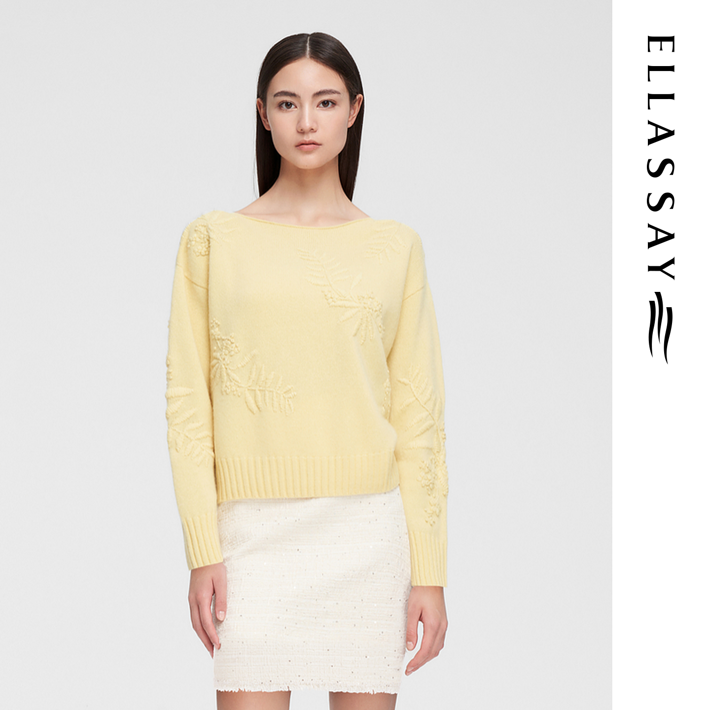 ELLASSAY歌力思早春新款绵羊毛简约奶油黄针织衫女EWE351M03100