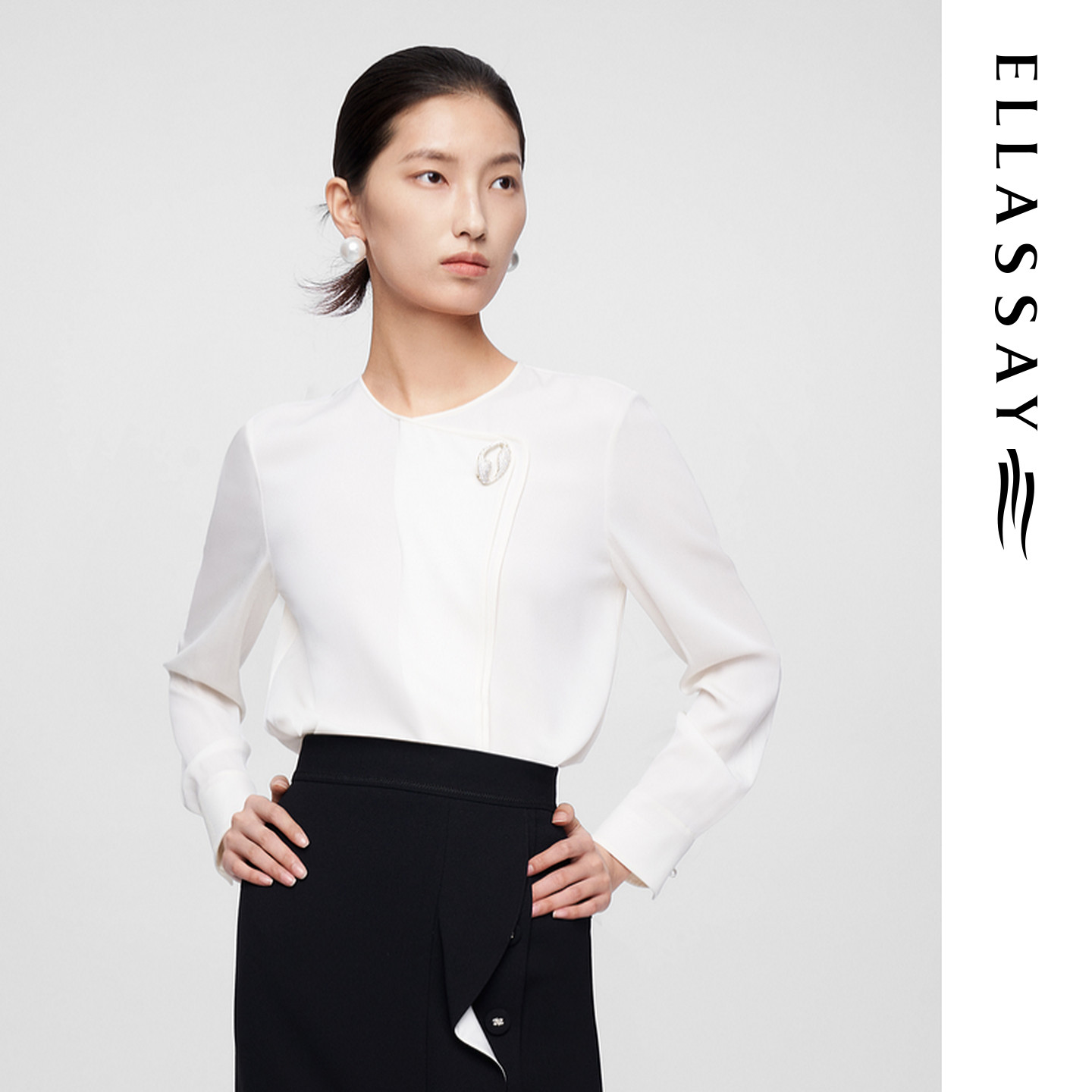 ELLASSAY歌力思秋冬新款桑蚕丝圆领长袖衬衫女EWF361C00300