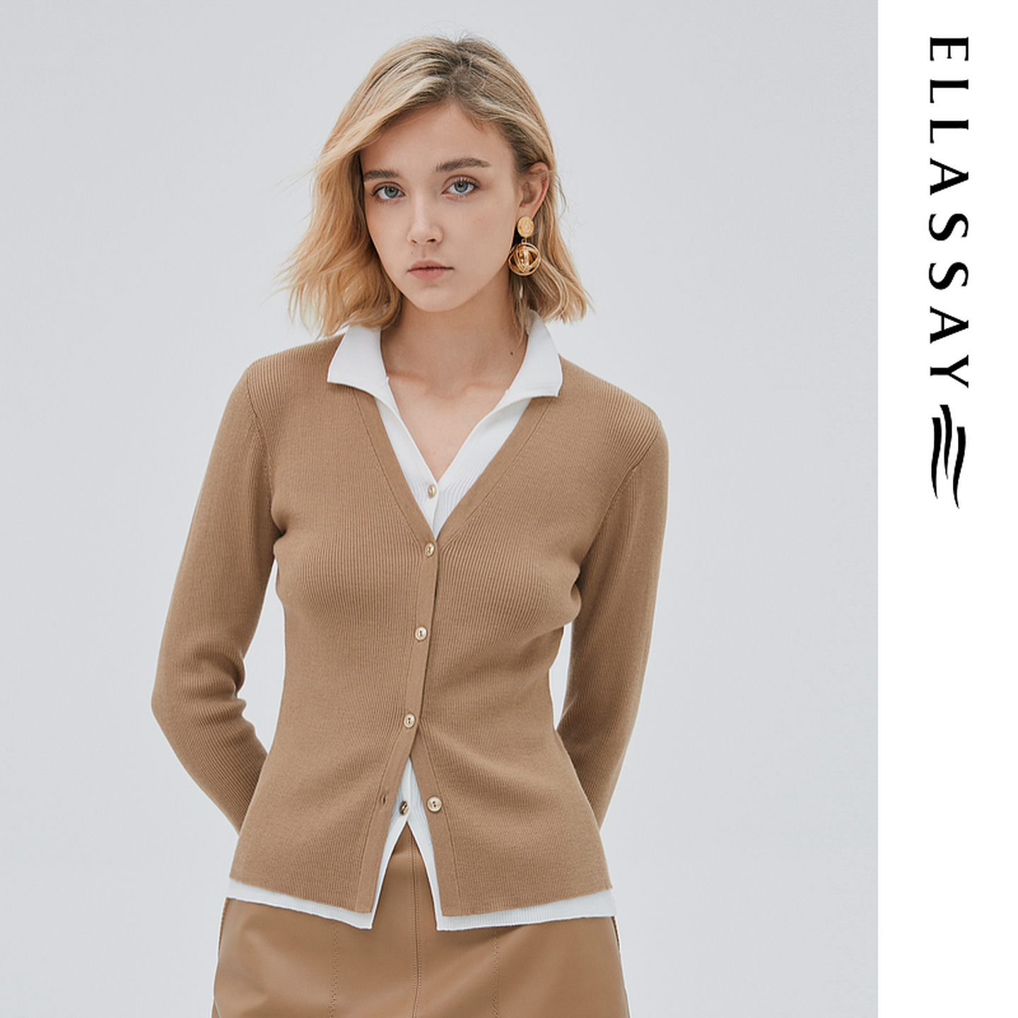 ELLASSAY歌力思秋冬新款100%绵羊毛假两件针织衫女EWB364M03200