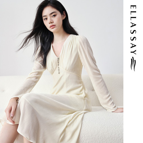 ELLASSAY歌力思秋季新款法式优雅v领连衣裙女EWD353Y08400