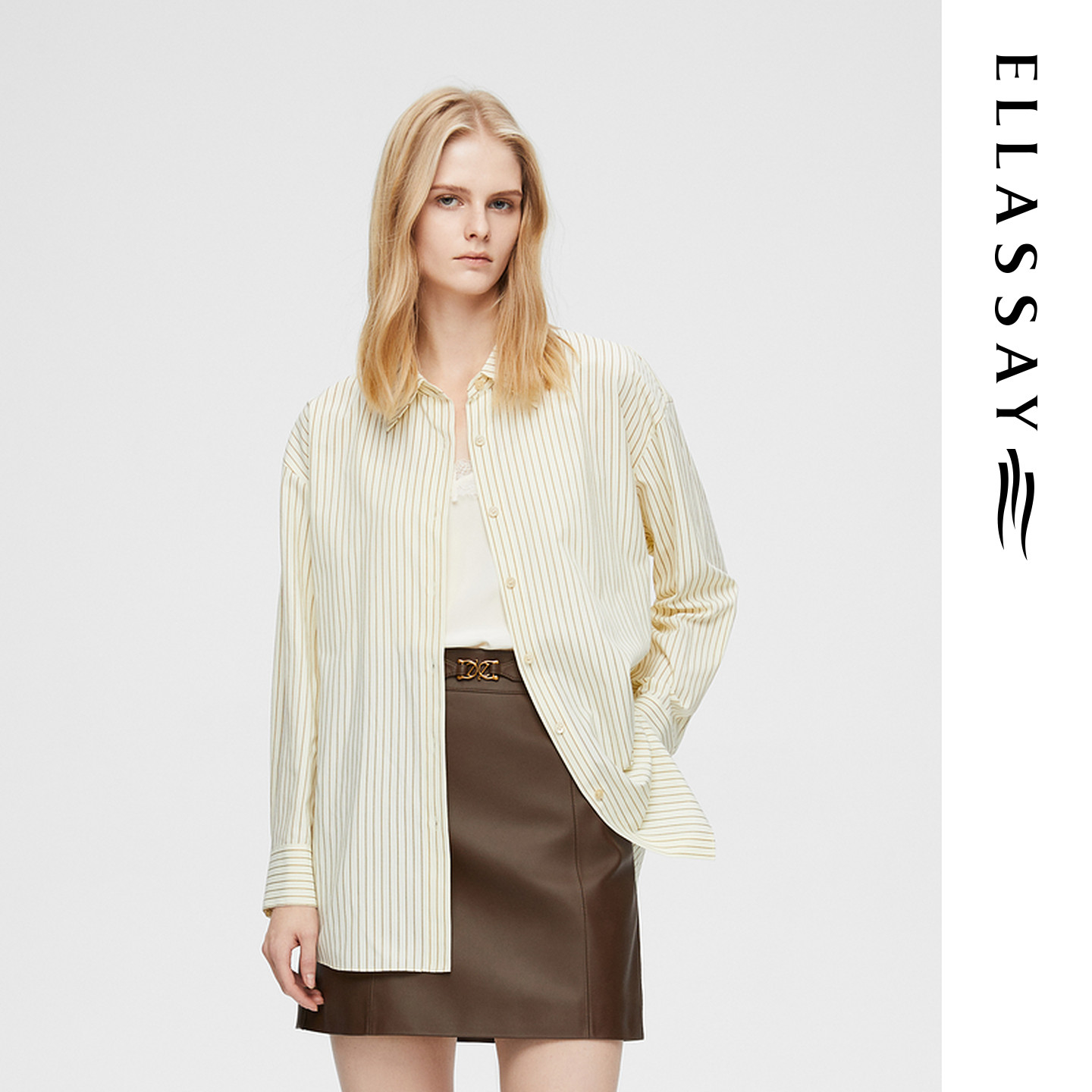 ELLASSAY歌力思春季新款棉休闲随性条纹长袖衬衫女EWB361C00100