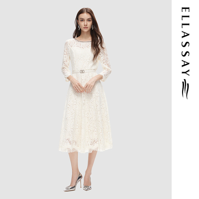 ELLASSAY歌力思秋季新款重工优雅气质蕾丝连衣裙女EWD353Y09300