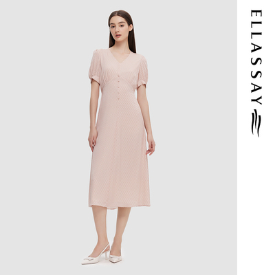 ELLASSAY歌力思春夏新款温柔甜美短袖V领连衣裙女EWD352Y08900