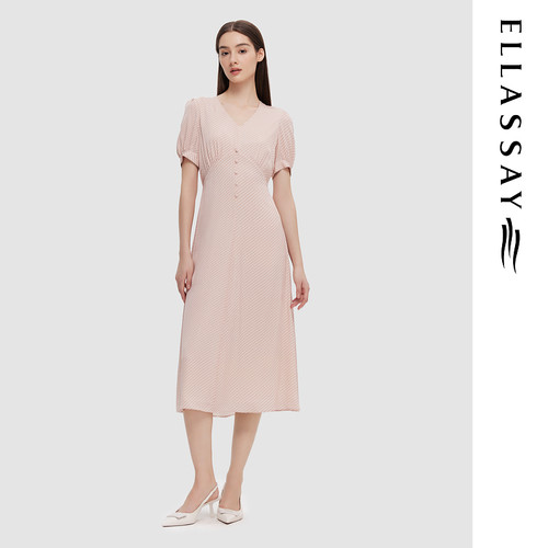ELLASSAY歌力思春夏新款温柔甜美短袖V领连衣裙女EWD352Y08900