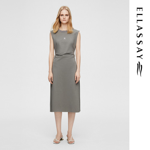 ELLASSAY歌力思春季新款棉简约褶皱无袖收腰连衣裙女EWB362Y04400