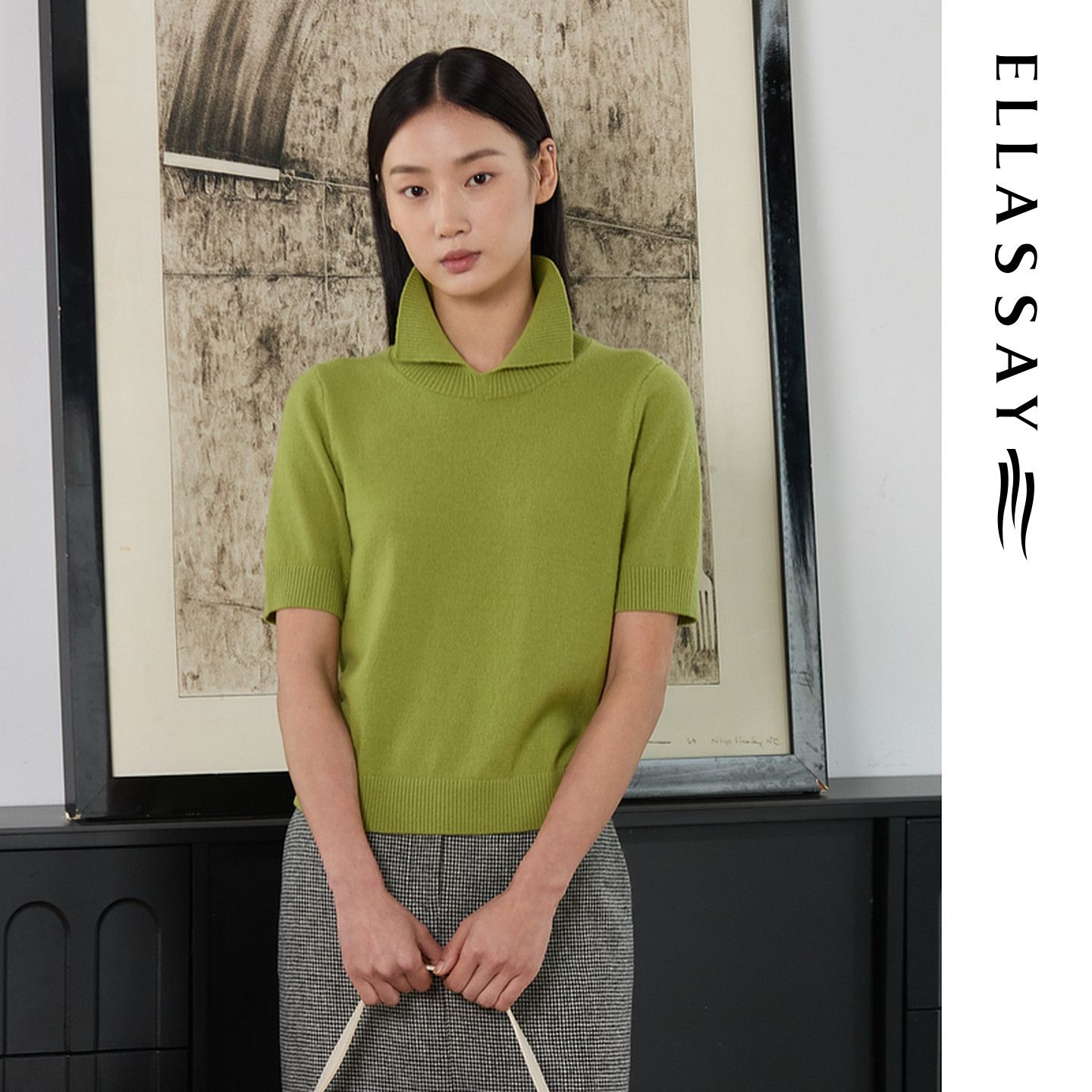 ELLASSAY歌力思秋冬新款绵羊毛细腻典雅翻领针织衫女EWE363M12400