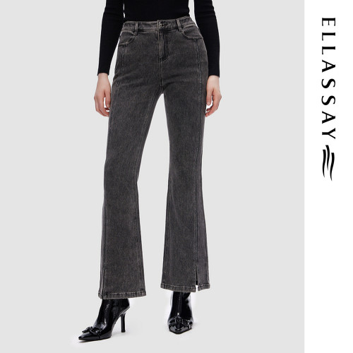 ELLASSAY歌力思秋季新款棉修身高腰微喇黑色牛仔裤女EWD353N01800