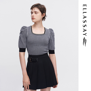 ELLASSAY歌力思早春新款纯羊毛黑格子套头毛衫女EWW341M06600