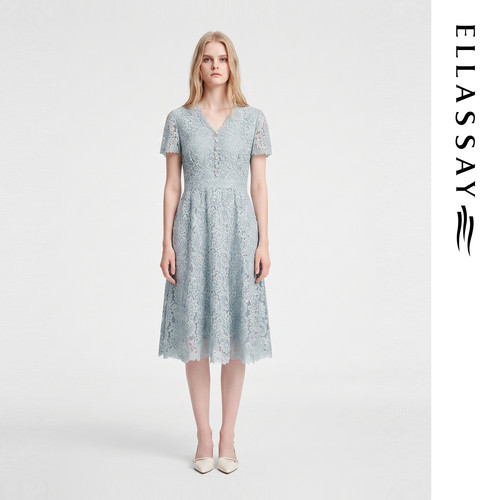 ELLASSAY歌力思春季新款双层裙摆珠片蕾丝连衣裙EWE351Y09200