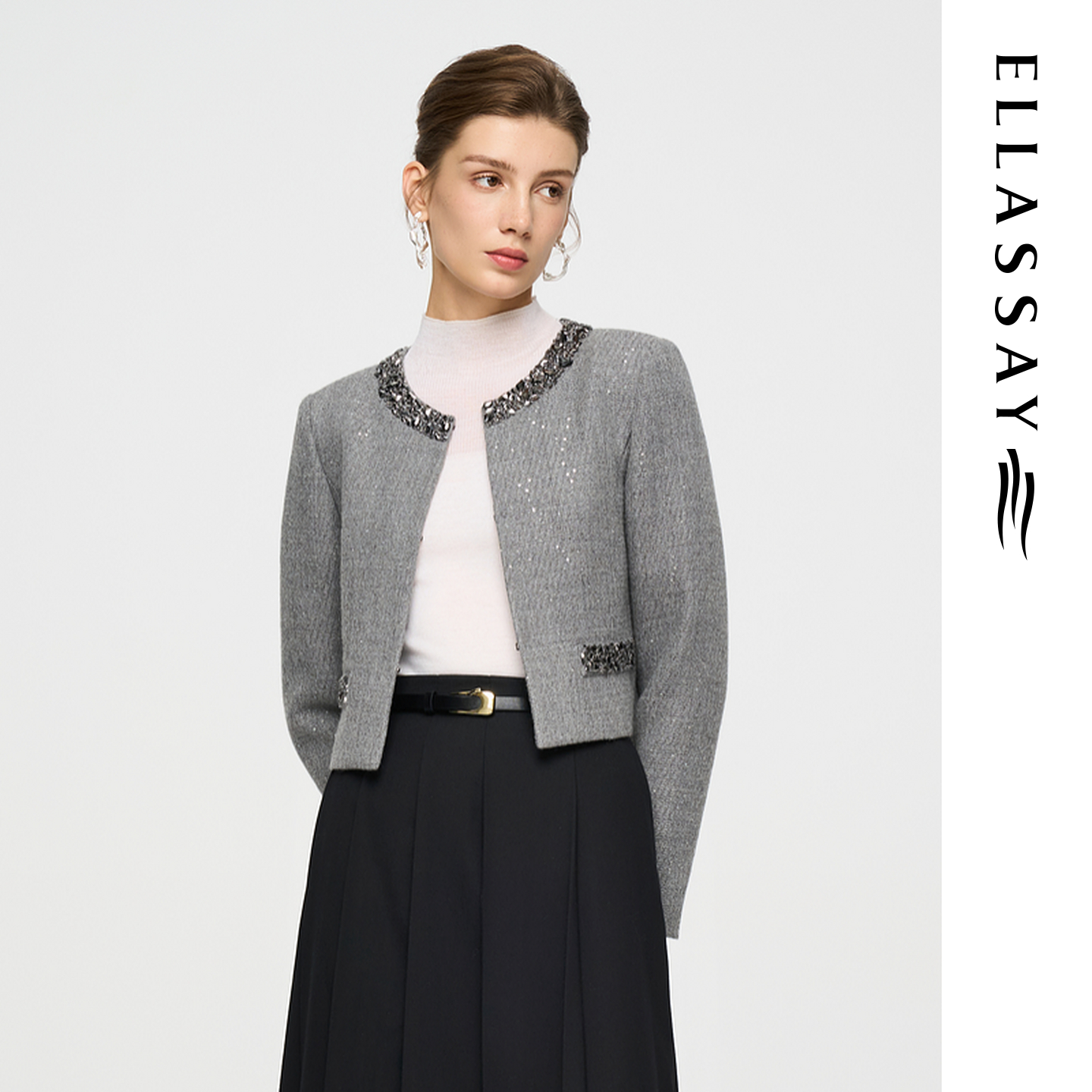 ELLASSAY歌力思2025秋季新款绵羊毛环领水钻短外套女EWD363W00800