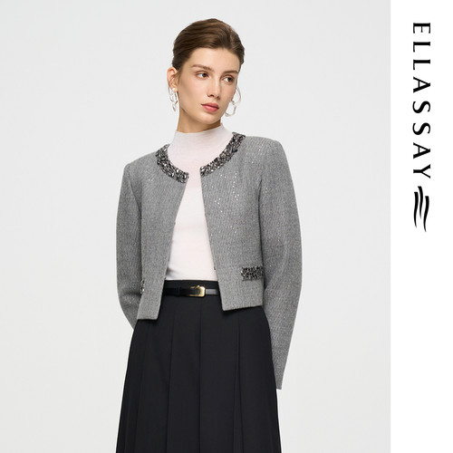 ELLASSAY歌力思秋季新款绵羊毛环领水钻短外套女EWD363W00800