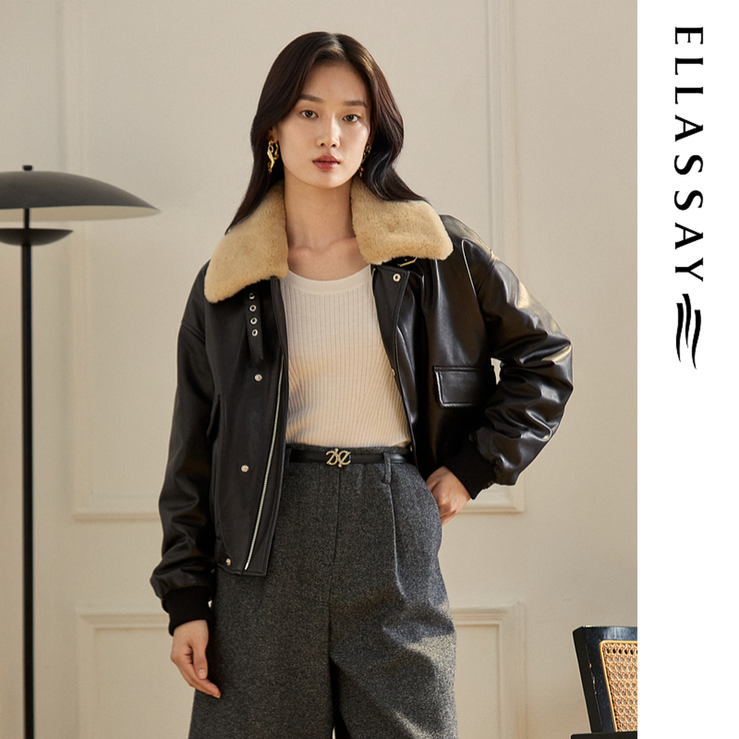 ELLASSAY歌力思2025冬季新款绵羊皮箱型鹅绒羽绒服女EWB364X00100