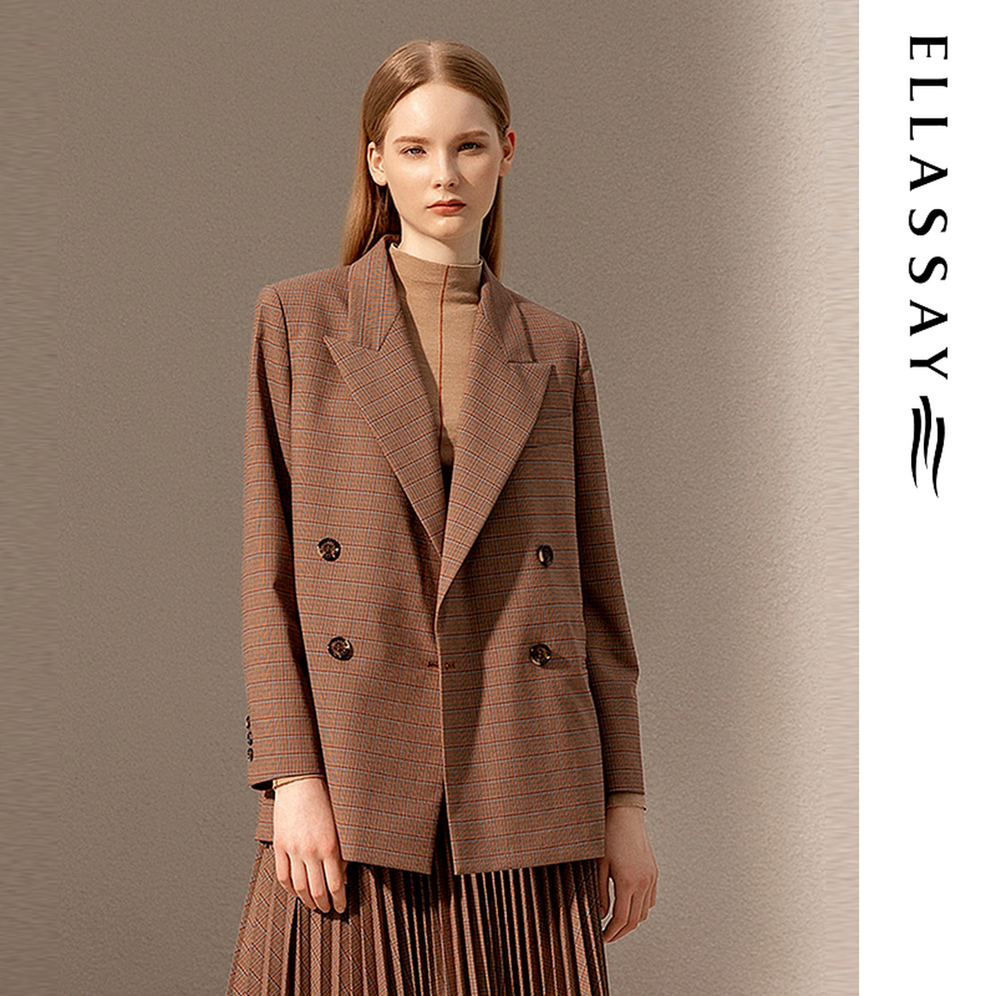 ELLASSAY歌力思秋冬新款红粉格纹直筒时尚通勤西装女EWD333T00800