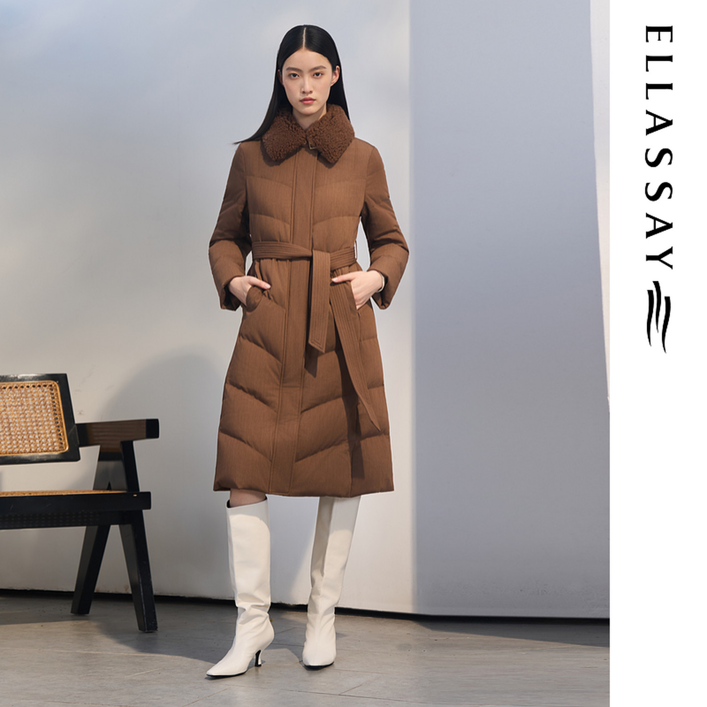 ELLASSAY歌力思冬季新款鹅绒翻领长款羽绒服女EWD363L04900