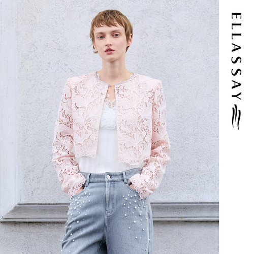 ELLASSAY歌力思26早春新款刺绣蕾丝山茱萸粉外套女EWE371W02100