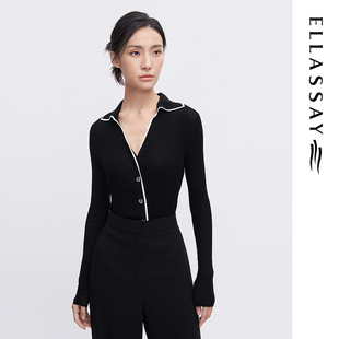 女EWE341M05700 简约羊毛针织衫 ELLASSAY歌力思早春新款 撞色边修身