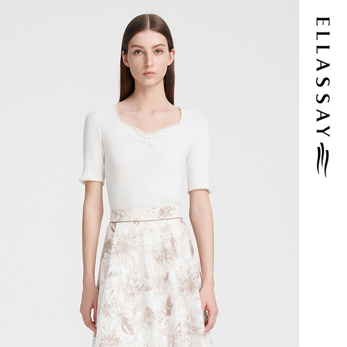 ELLASSAY歌力思夏季新款修身珍珠方领短袖针织衫女EWE352M00800