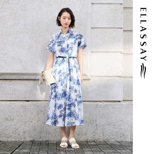 ELLASSAY歌力思2026夏季新款天丝亚麻印花连衣裙女EWE372Y17700