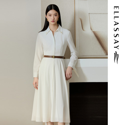 ELLASSAY歌力思秋季新款经典优雅衬衫领白色连衣裙女EWU363Y01400