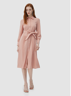 ELLASSAY歌力思秋季新款粉色收腰长袖衬衫连衣裙女EWD343Y01900