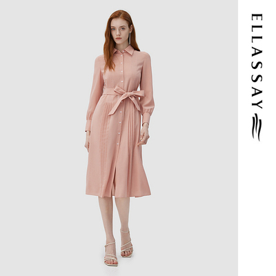 ELLASSAY歌力思秋季新款粉色收腰长袖衬衫连衣裙女EWD343Y01900